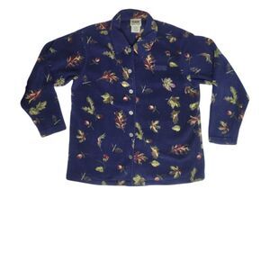 VINTAGE 90s shacket floral button front blue fleece button up‎ jacket M